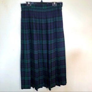 Vintage L.L. Bean Green & Blue Plaid Pleated Midi Wool Skirt